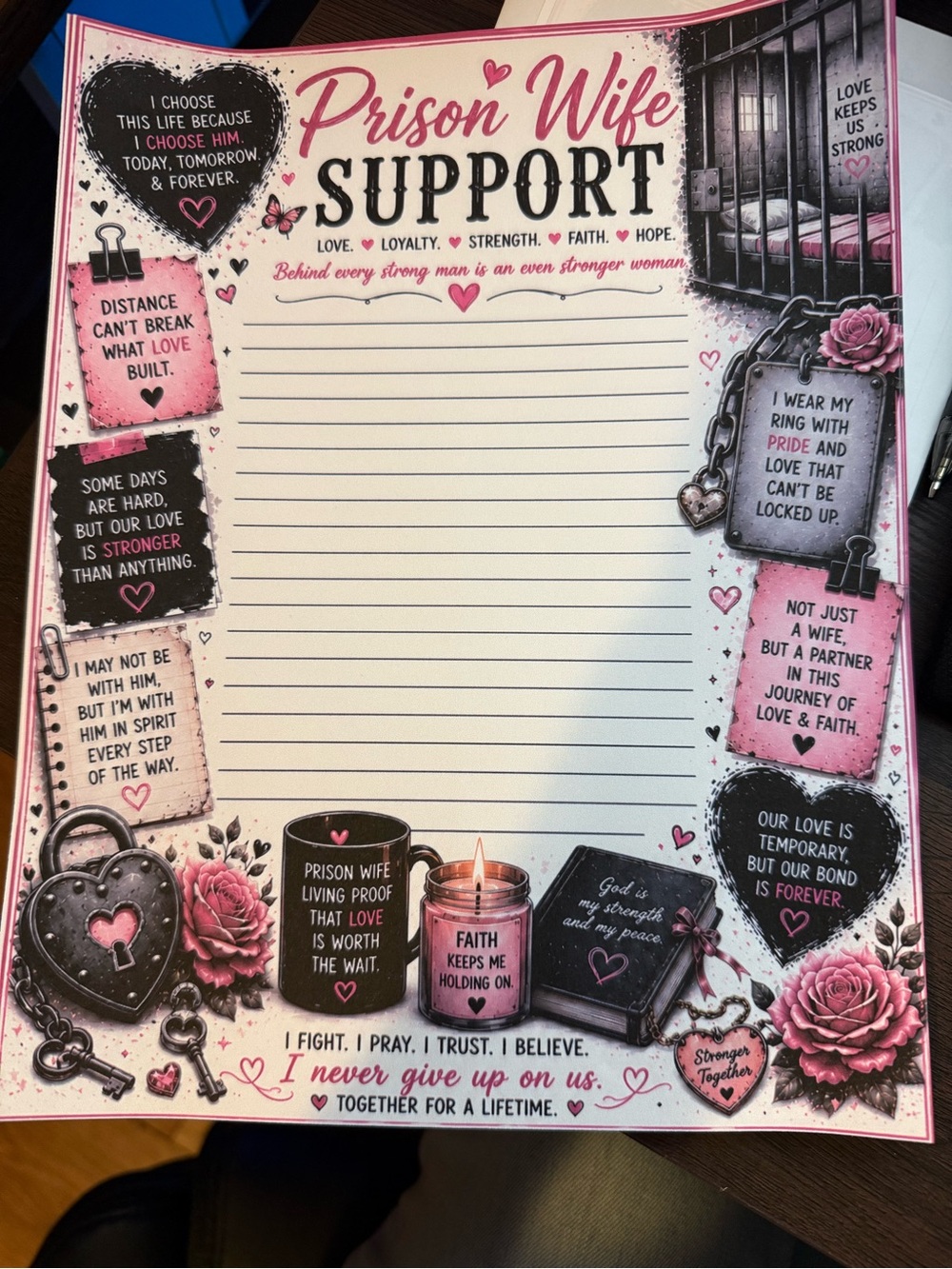 Prison Wife Support Stationery Notepad - Pink & Black